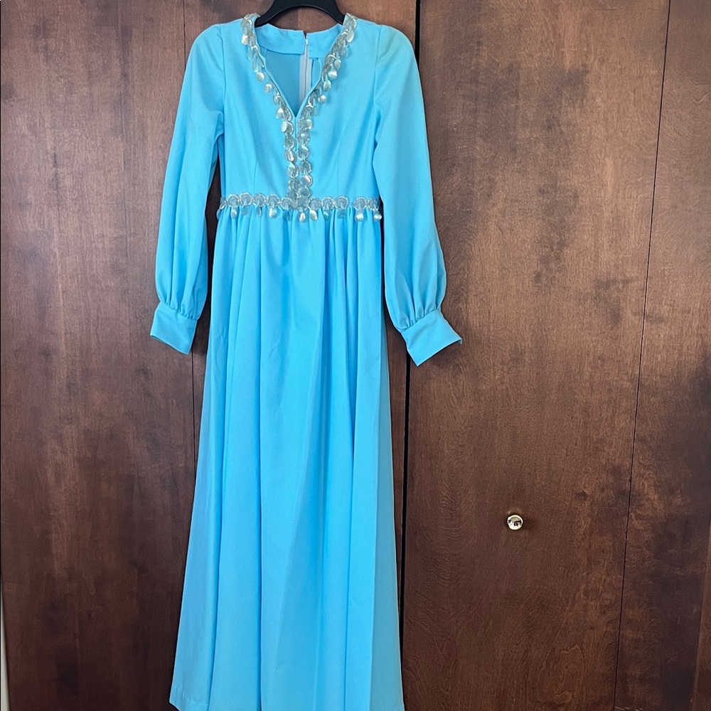 Vintage Baby Blue Long Sleeve Maxi Hostess Dress Beads size small